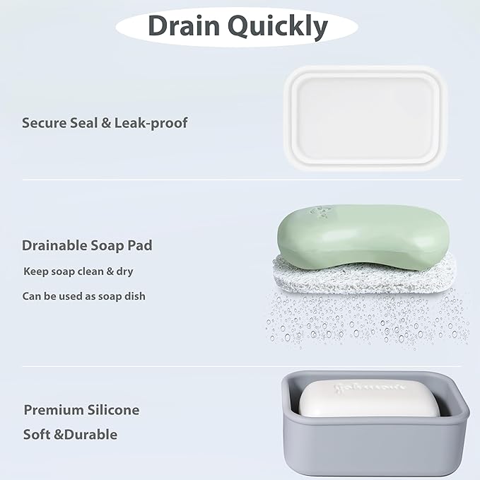 2PC Portable Leakproof Travel Soap Case, Silicone Travel Soap Case, Compact Soap Holder with Drainage Layer, Travel Soap Holder for Camping, Gym, Outdoor Purple&Gray