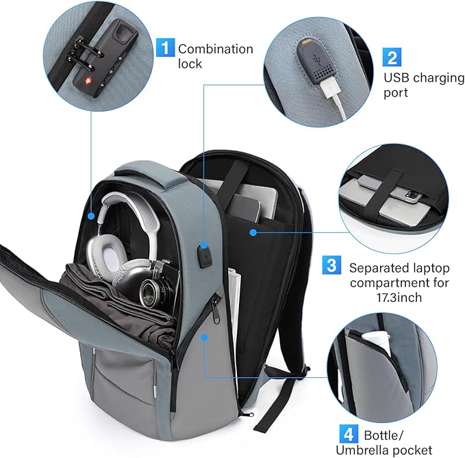 Laptop Backpack for Men,17.3 Inch Professional Backpack for Travel Carry on Flight Approved,Anti Theft Backpack with Lock and USB Charging Port(Grey)