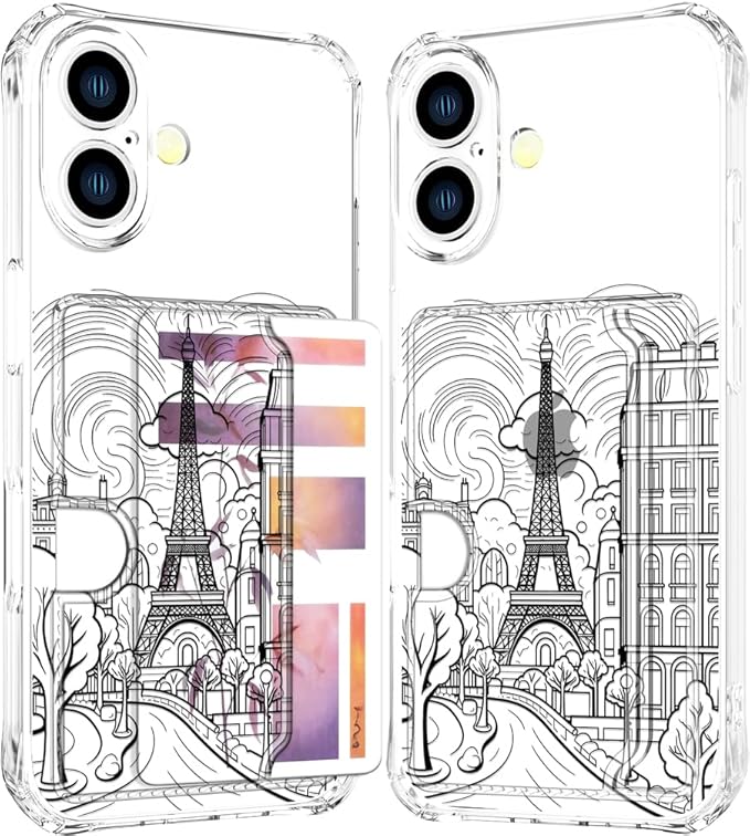 Compatible with iPhone 16 Case Card Holder for Women Cute Design,Wallet Phone Cases Transparent Cool Kawaii Protective (Clear Paris City Eiffel Tower)