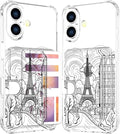 Compatible with iPhone 16 Case Card Holder for Women Cute Design,Wallet Phone Cases Transparent Cool Kawaii Protective (Clear Paris City Eiffel Tower)