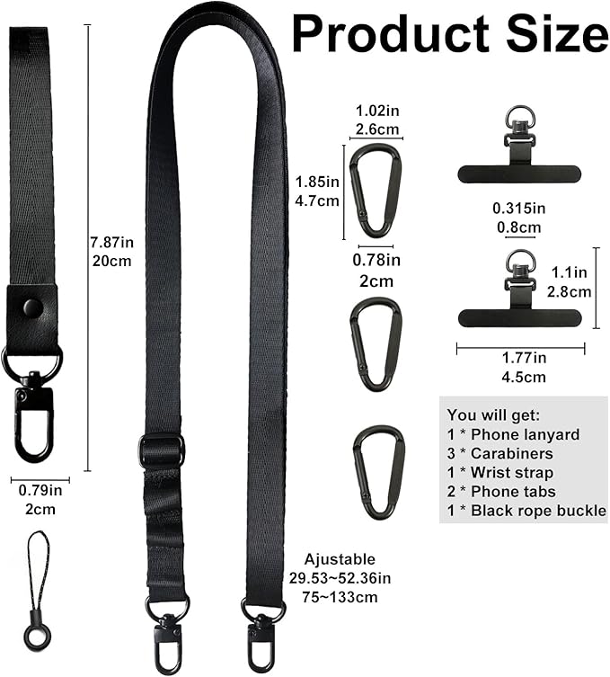 Cell Phone Lanyard Crossbody Anti-theft - 1 Adjustable Neck Strap with 3 Rings for Hanging Airpods/Wallet/Sunglasses, 1 Wrist Strap, 2 Metal Tether Tab, 3 Metal Carabiners, Airplane Travel Essentials