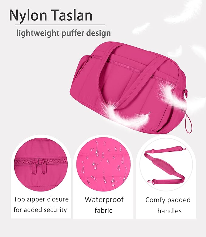 Lightweight Travel Duffle Bag for Women, Quilted Puffy Weekender with Wet Pocket for Gym, Overnight, Personal Item Carry On, Rose Red