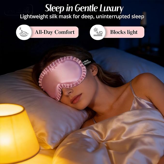 Silk Sleep Mask for Women: 100% Mulberry Silk Eye Mask, Black Back Sleeping Mask for Light Blocking, Soft Wavy Edge Eye Cover and Adjustable Strap, Travel & Sleep Gift (Pink)