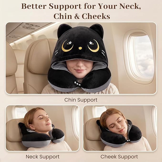 Mewaii Travel Neck Pillow with Hood for Airplanes,Memory Foam,Breathable Ice Silk & Soft Velvet,Double-Sided,Removable to Clean,Adjustable Strap,Portable Travel Pillow for Long Flights Adults & Teens