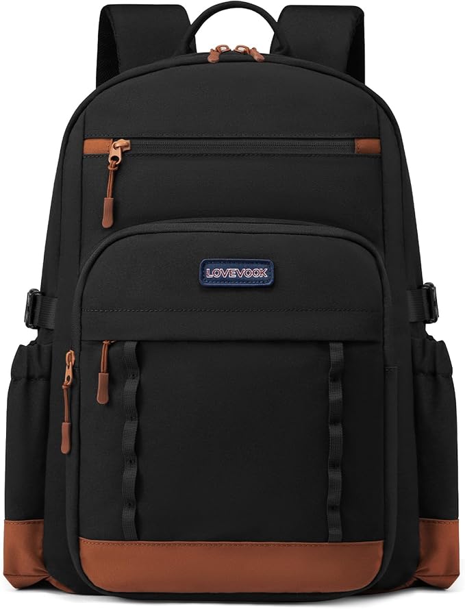 LOVEVOOK Laptop Backpack for Women with Stanley Cup Holder,18 Inch DIY Design Travel Work Backpack Computer Laptop Bag,Waterproof Nurse Teacher College Backpack Purse,Gifts for Women Men, Brown-Black