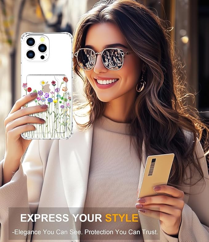 Compatible with iPhone 16 Pro Case Card Holder for Women Cute Design,Wallet Phone Cases Transparent Cool Kawaii Protective (Clear Flower Floral Bouquet)