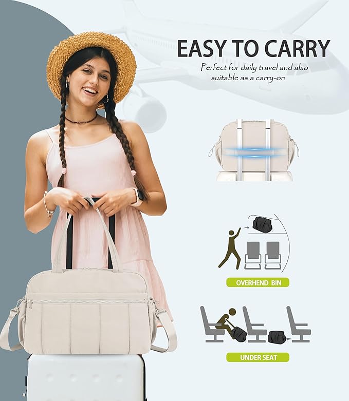 Lightweight Travel Duffle Bag for Women, Quilted Puffy Weekender with Wet Pocket for Gym, Overnight, Personal Item Carry On, Beige