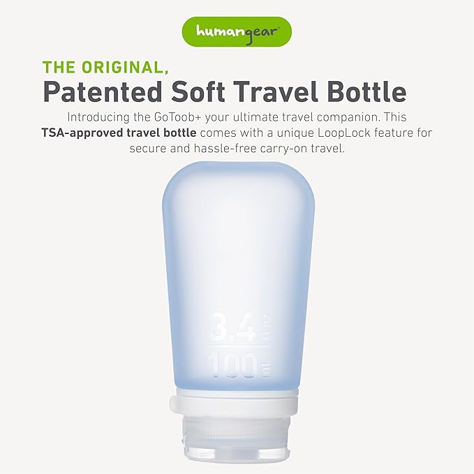 humangear GoToob+ (Large) | Refillable Silicone Travel Bottle | Locking Lid | Food-Safe Material | Blue, Large (3.4 fl.oz.; 100ml)