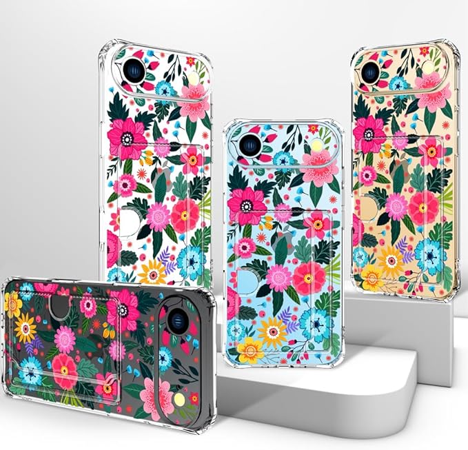 Compatible with iPhone 17 Air Case Card Holder for Women Cute Design,Wallet Phone Cases Transparent Cool Kawaii Protective (Clear Floral Spring Blossom)
