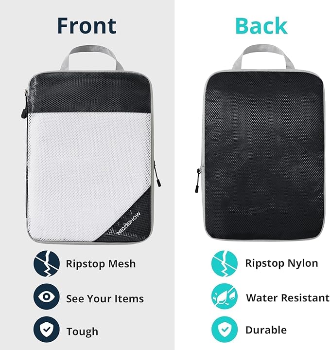 NICOSHOW 3 Set Compression Packing Cubes for Travel - Compressible, Lightweight, and Space-Saving Packing Cubes, Travel Essentials for Women, Black