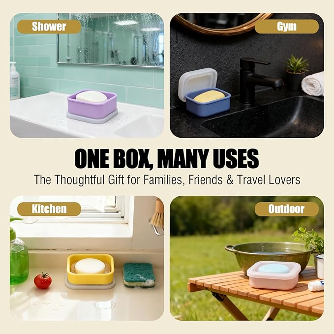 OTHIX 2 Pack Leakproof Silicone Travel Soap Case Travel Essentials-Small Bar Soap Holder Container with Drainage Layer & Mini Portable Soap Dish for Shampoo Bars, Gym, Camping (Cream & Light Purple)