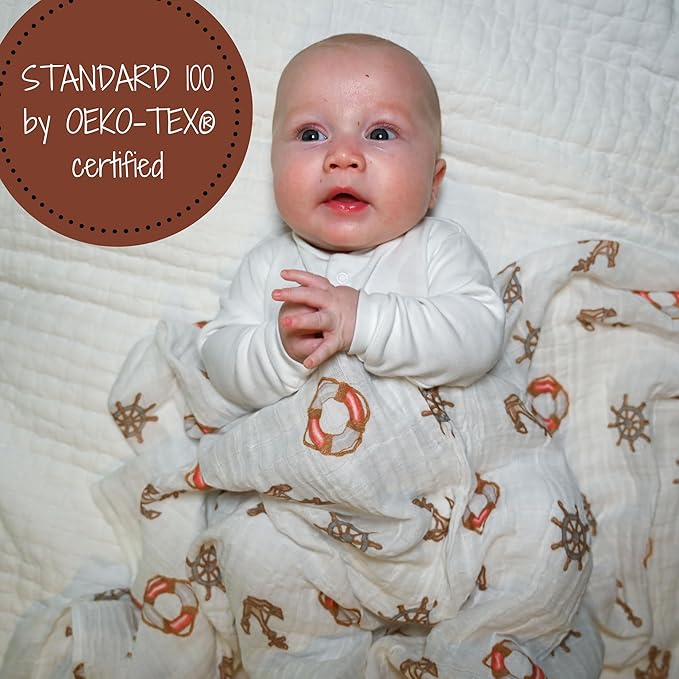 LollyBanks Muslin Swaddle Blanket, 100% Muslin Cotton Neutral Baby Blanket for Girls and Boys, 47 X 47 Inches Soft and Cozy Newborn Swaddle Lightweight, Baby Essential, Registry (Boat Anchor Print)