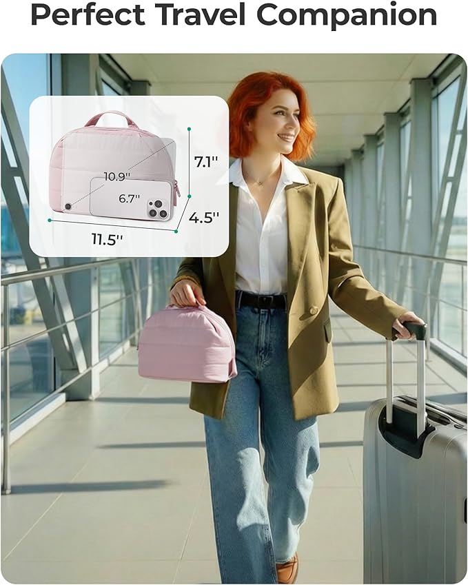 BAGSMART Travel Makeup Bag for Women, Portable Fold-down Cosmetic Case, Puffy Padded Make Up Organizer Pouch, Water-resistant Toiletry Bag for Toiletries, Brushes (Baby Pink)