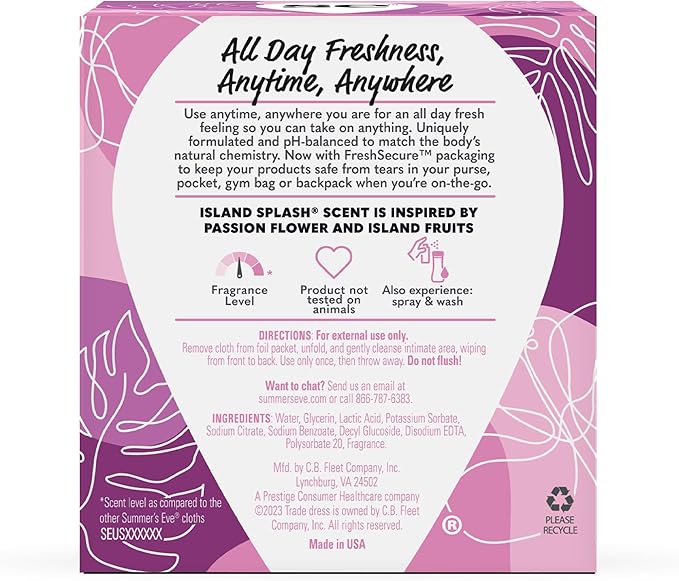 Summer's Eve Feminine Wipes, Island Splash, 12 Count, 5 Pack | Removes Odor | pH Balanced | Daily Refreshing
