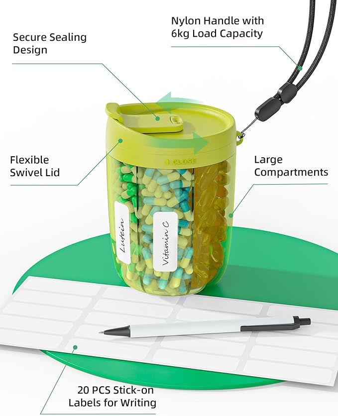 PULIV Large Pill Bottle Organizer, Supplement Organizer for Holding 6 Various Vitamins, Pill Box Case with Anti-Mixing & Wide Opening Design, Easy to Retrieve Meds and 20 Pcs Stick-on Labels, Green