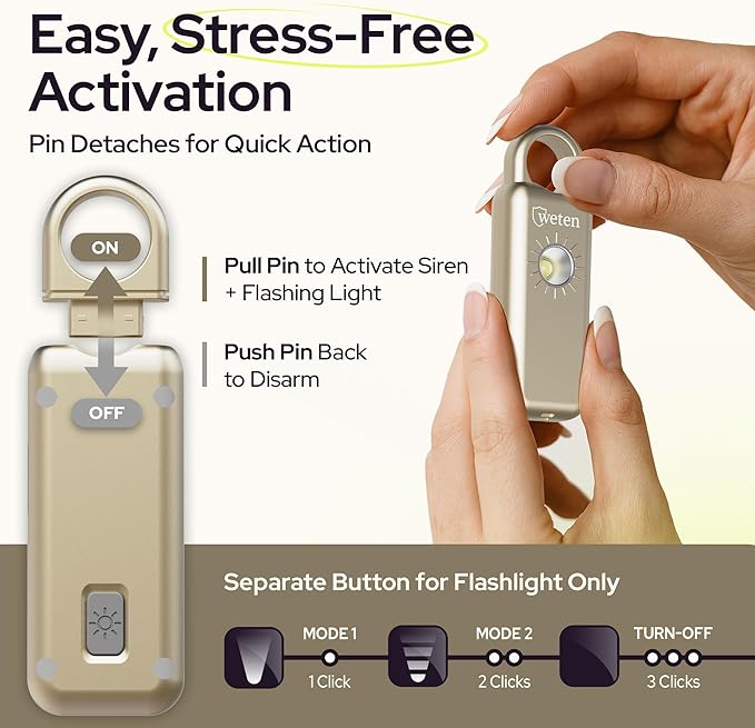 Weten Personal Safety Alarm Keychain – 130dB Siren with Bottom Speaker, LED Light, Wristlet & Carabiner Clip – Weatherproof Self Defense Alarm with Low Battery Alert (Gold Satin)