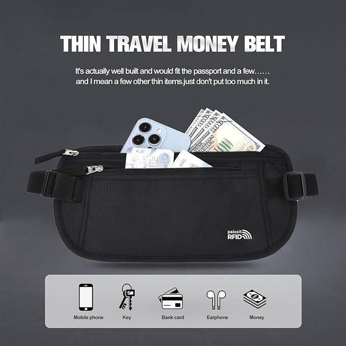 Unisex Money Belt, Slim Passport Holder RFID Blocking Travel Essentials Pouch with Adjustable Strap Small Waist Pouch for Workout Running Travelling Hiking, Black