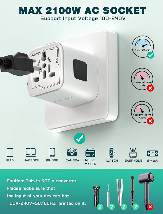 Universal Travel Adapter Worldwide, TECSIX Compact Travel Power Plug Adapter (Type A C G I), 2500W Internetional Wall Charger Outlet Adaptor to Europe, India, UK, US, AUS, Asia 200+ Countries