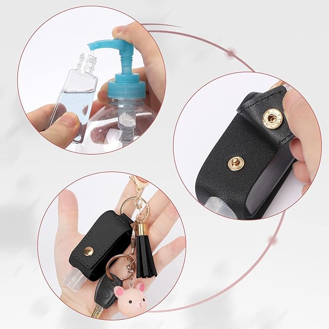 Unaone 1oz/30ml Hand Sanitizer Holder Travel Size, Empty Bottles Leather Sanitizer Holder with Keychain Portable Small Squeeze Bottle Refillable Container for Toiletry Lotion Liquid Soap Shampoo Black