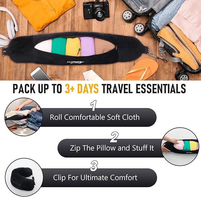 Travel Neck Pillow Stuffable with Clothes, Stuffable Neck Pillow for Travel, Packable Fillable Storage Bag for Airplane, Soft Velvet U Pillow Case Cover