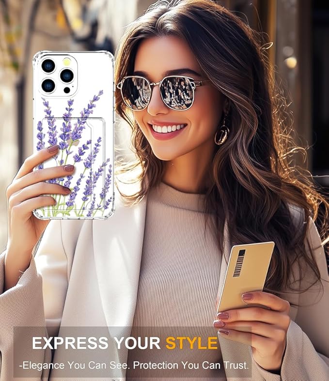 Compatible with iPhone 16 Pro Case Card Holder for Women Cute Design,Wallet Phone Cases Transparent Cool Kawaii Protective (Clear Purple Lavender)