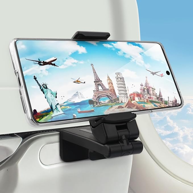 Airplane Phone Holder Hands Free Compact Travel Phone Mount with 360 Degree Rotation Universal Travel Essentials Ideal for Airplane, Table, Tray