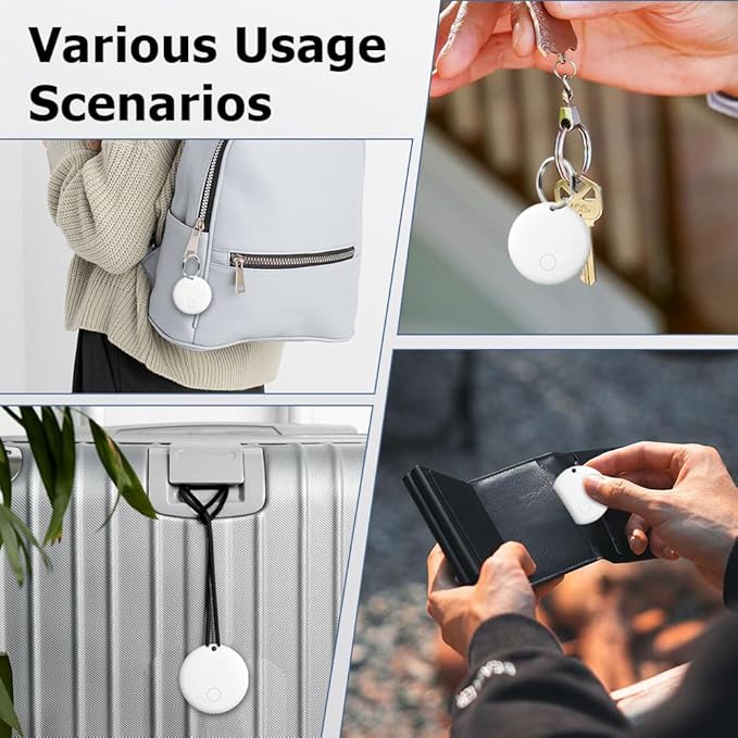 Bluetooth Tracker for Android (White, 4Pack), Works with Google Find My Device App, IP67 Waterproof, Replaceable Battery, Tracker Tag for Keys, Backpack, Suitcases, Travel and Commute