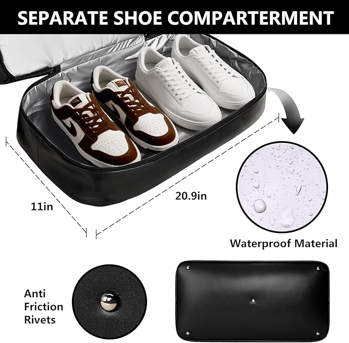 Large 4-in-1 Leather Duffle Bag for Travel Weekender Overnight Hospital Gym Bag for Men & Women, Carry On Airline Approved Personal Item Duffel Garment Bag Luggage with Shoe Compartment & Toiletry Bag