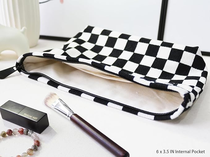 HAPPYHEIDI Women Checkered Corduroy Makeup Bag Cosmetic Pouch Purse Organiser, Canvas Lining, Cute Black White
