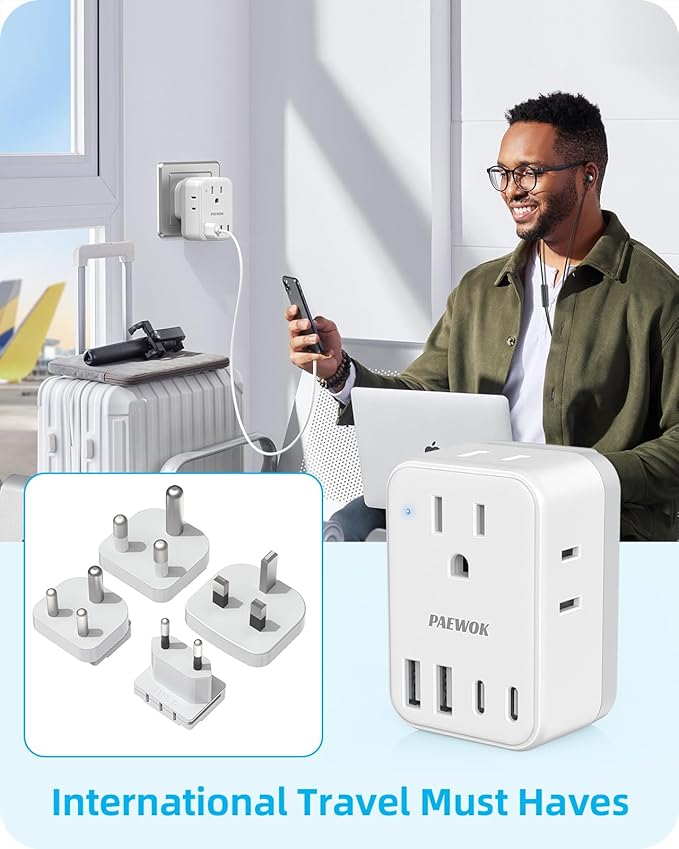 Travel Adapter Set, European Travel Plug Adapter 4 AC Outlets 4 USB Ports (2 USB C), US to UK/EU/South Africa/India, Universal Travel Adapter Kit Include Type G/C/M/D Detachable Plug