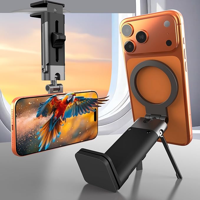 Airplane Phone Holder Travel Essentials for Men Women,Metal Magnetic Plane Phone Holder,360° Rotation Foldable Cell Phone Stand for Desk Tray Table,Travel Size Gadgets Flying Cruise Must Haves