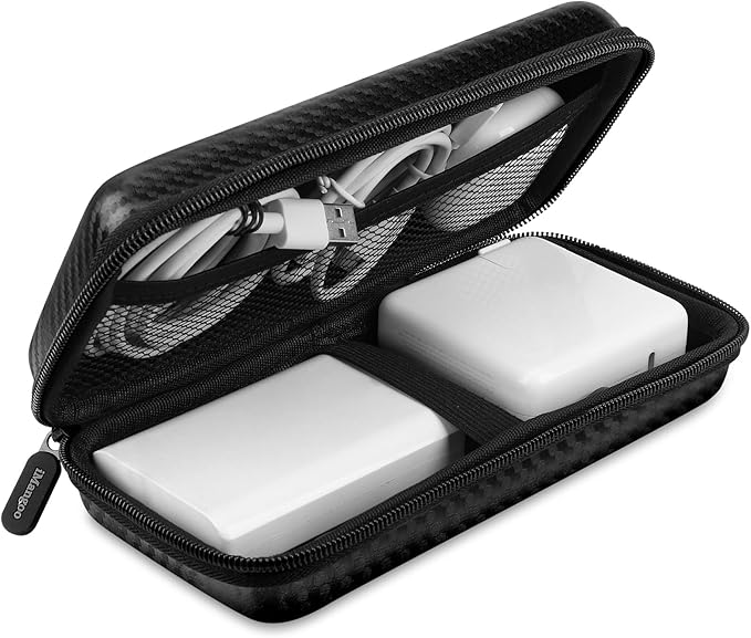 iMangoo Travel Essential Electronics Organizer Pouch Charger Case, Shockproof Dual Zipper Power Bank Cables Tech Accessories Purse, Men & Women Travel Must Have Storage Bag, 8.5x4.5x2 inch Fiber Black