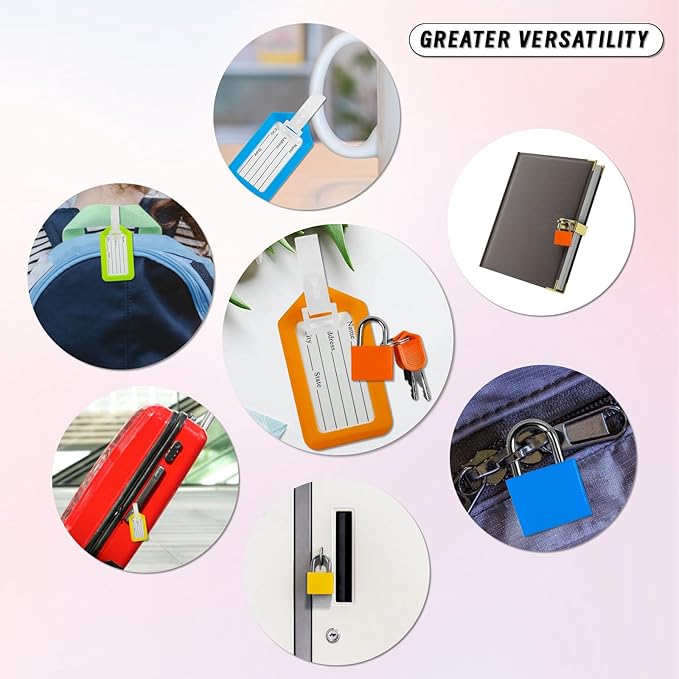 8 Pack Luggage Locks with Key+8 Pack Travel tag, Luggage Tags for Suitcases Bag Tags Name Tags, Mini Padlocks Multicolor Durable Locks for Suitcases Backpacks Boxes Cabinet and Laptop Bags (Colorful)