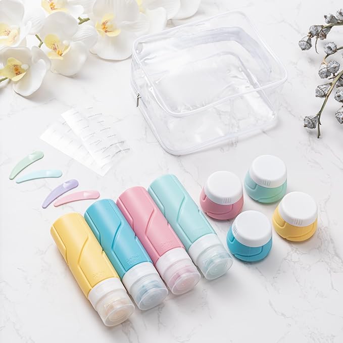 CADONO Travel Bottles for Toiletries 15 Pack, TSA Approved Travel Size Containers 3oz, LeakProof Silicone Squeezable Creams Jars, Refillable Toiletry Bottles for Shampoo, Conditioner (Colorful)