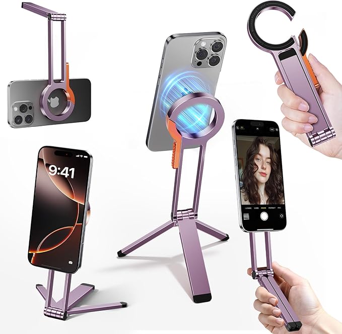 for MagSafe Magnetic Phone Tripod Stand for iPhone & Android Phone, Portable Mini Pocket Tripod Holder, Foldable Aluminum Small Holder with Carabiner Clip for iPhone 16/15/14/13 Series, Dusty Purple