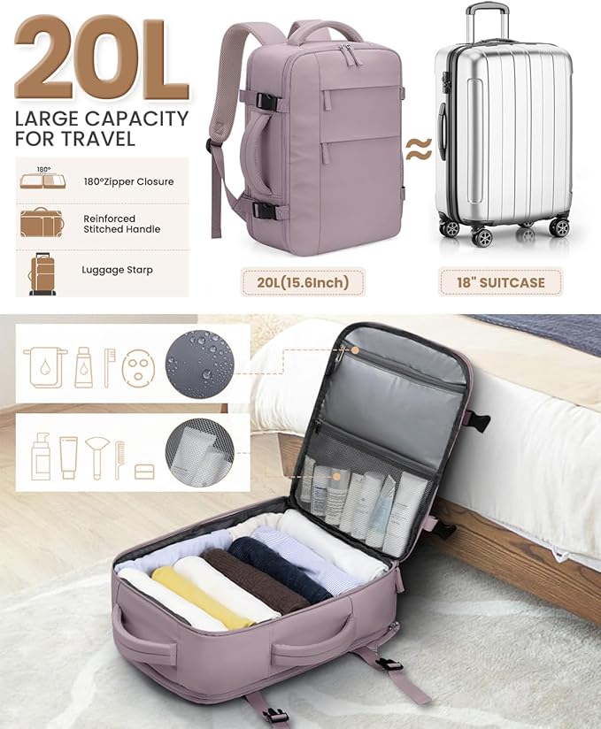 Pritent Travel Backpack for Women Man, Waterproof Personal Item Travel Bag Airline Approved Laptop Backpack Bookbag Weekender bags for Business,Travel, Work Fits 15.6 inch Laptop(Medium,Purple)