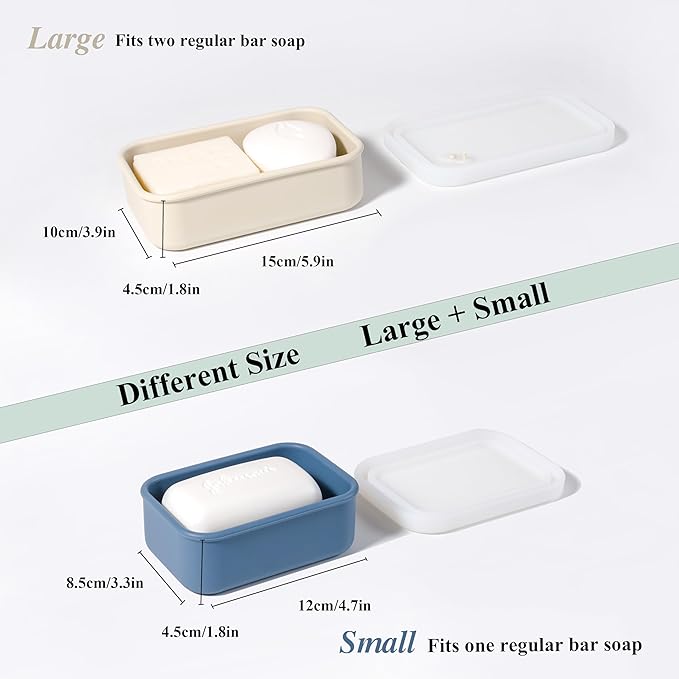 2PC Portable Leakproof Travel Soap Case, Silicone Travel Soap Case, Compact Soap Holder with Drainage Layer, Travel Soap Holder for Camping, Gym, Outdoor milkywhite&darkblue