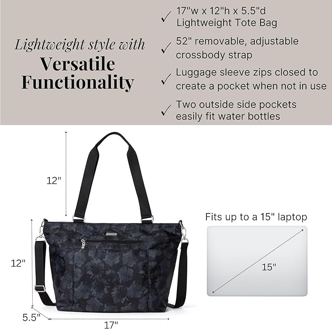 Baggallini Essential Laptop Tote - Work Tote Bag with Laptop Sleeve - Lightweight Travel Crossbody Shoulder Bag for Women