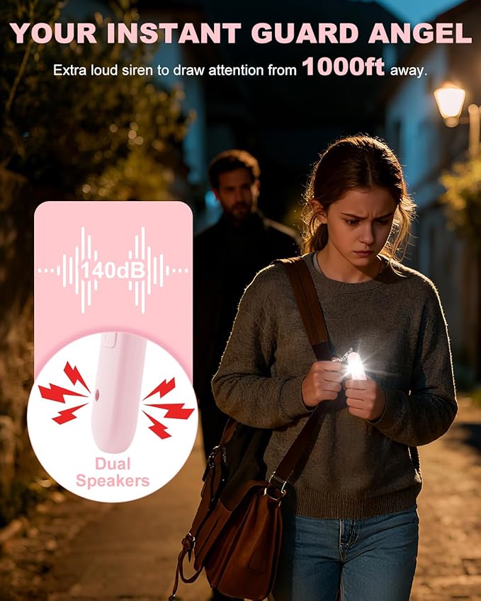 Personal Safety Alarm for Women - Waterproof Rechargeable Security Alarm - 140dB Extra Loud Siren with SOS Strobe Light - Self Defense Keychain for Women Girls Teens Seniors(Pink)