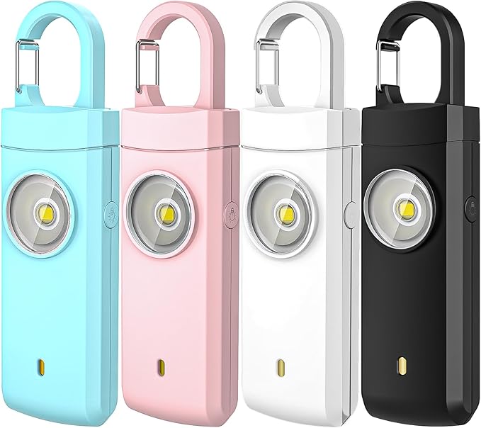 4 Pack Personal Safety Alarm, 130dB Rechargeable Self Defense Siren with LED Strobe Light, USB-C Emergency Keychain Alarm for Women Kids Elderly, 4 Colors (Aqua/Black/Pink/White)