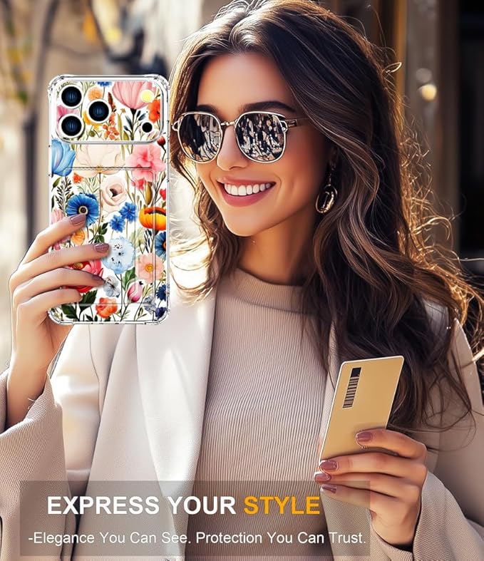 Compatible with iPhone 17 Pro Max Case Card Holder for Women Cute Design,Wallet Phone Cases Transparent Cool Kawaii Protective (Clear Flower Art Rose Peony)