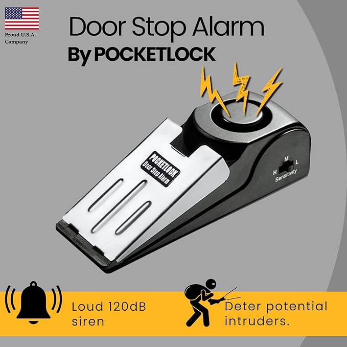 Portable Door Lock + Door Stop Alarm Set – Travel Safety Kit for Hotel Rooms, Home, Dorms & Apartments – (Black, Lock + Alarm)