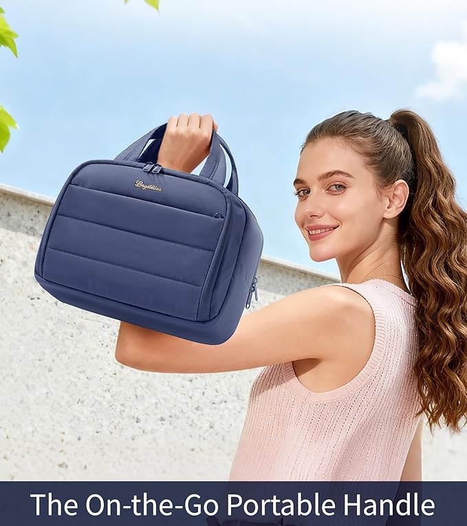 Bagstellar Travel Toiletry Bag for Women, Lightweight Large Quilted Puffy Makeup Bag Wide-open Make up Organizer Cloud Cosmetic Bag w/Handle for Traveling Toiletries Essentials Accessories Navy Blue