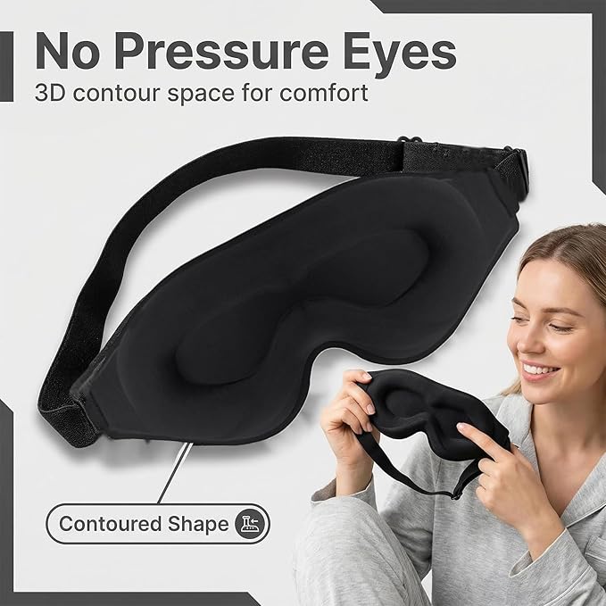 2 Pack Sleep Masks Black 3D Contoured Grooves Eye Mask for Sleeping Light Blocking Women Men Naps Travel Daily Rest