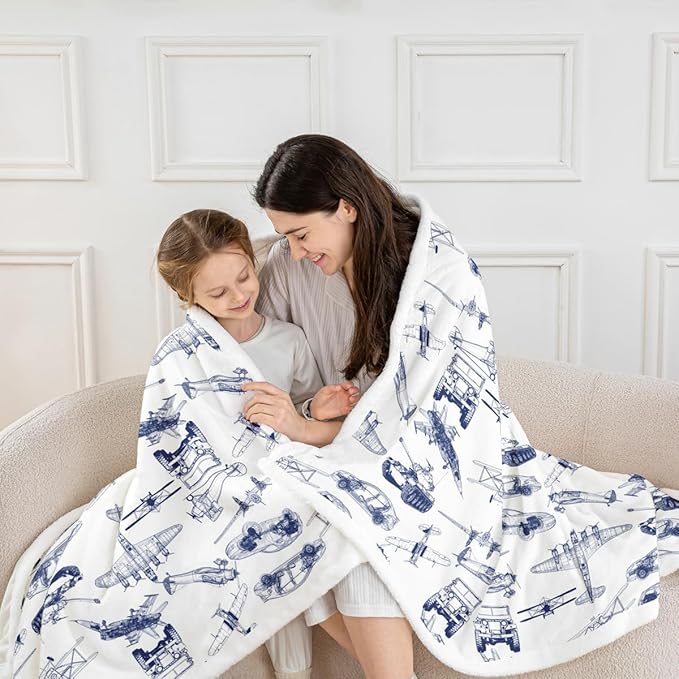 Airplane Kids Throw Blanket,American Aircraft Tank Toddler Bed Blanket for Girls Boys Adults,Racing Car Hand-Painted Sketch Fleece Blanket,Blue White Fuzzy Blanket,Baby Size (30 x 39 Inches)