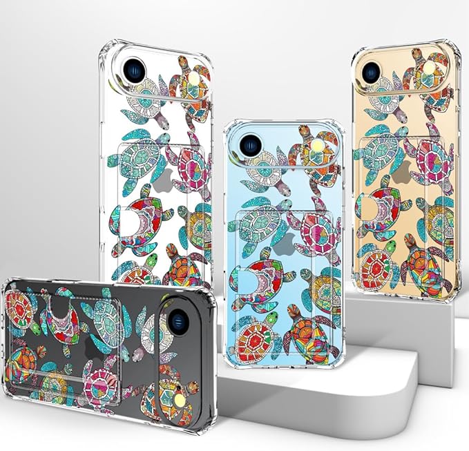 Compatible with iPhone 17 Air Case Card Holder for Women Cute Design,Wallet Phone Cases Transparent Cool Kawaii Protective (Clear Sea Turtles Animal Tribal)