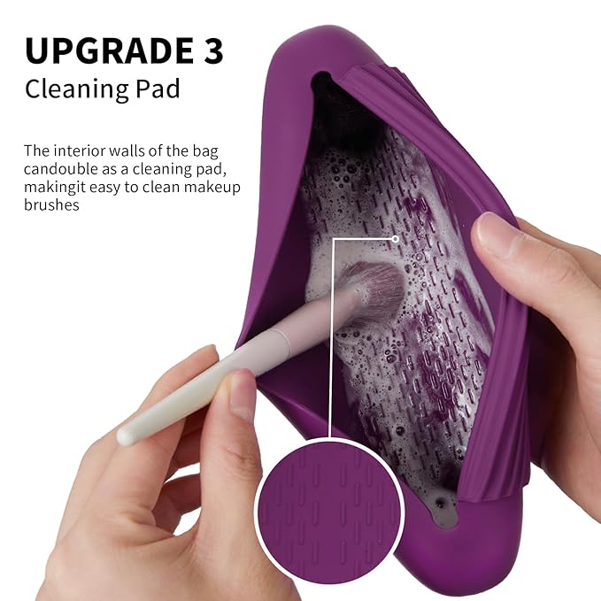 AGIKET Silicone Makeup Brush Holder Travel Cosmetic Bag：Soft Portable Cosmetic Face Brushes Holder with Upgrade Anti-Fall Out Magnetic Closure, Large Travel Makeup Brush Case - Dark Pruple
