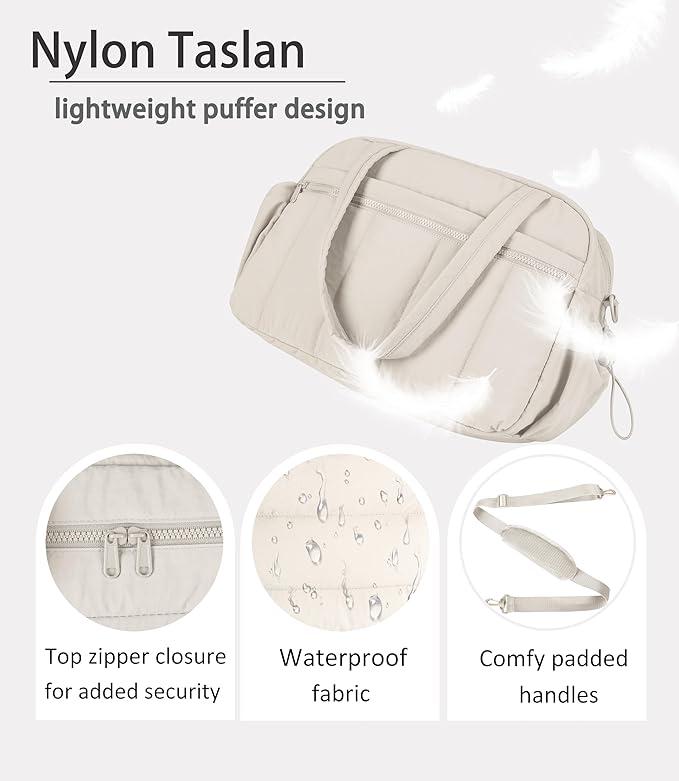 Lightweight Travel Duffle Bag for Women, Quilted Puffy Weekender with Wet Pocket for Gym, Overnight, Personal Item Carry On, Beige