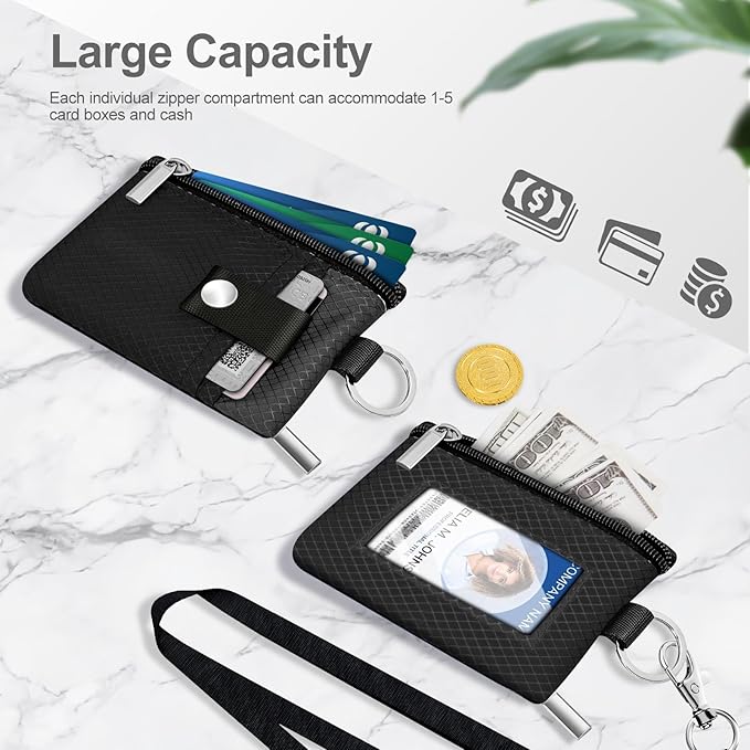 Minimalist RFID Blocking Small Wallet with ID Window,WaterResistant Zip Id Case Wallet with Lanyard Keychain for Cards,Cash,Travel,Women,Men (Black/DarkGrey)