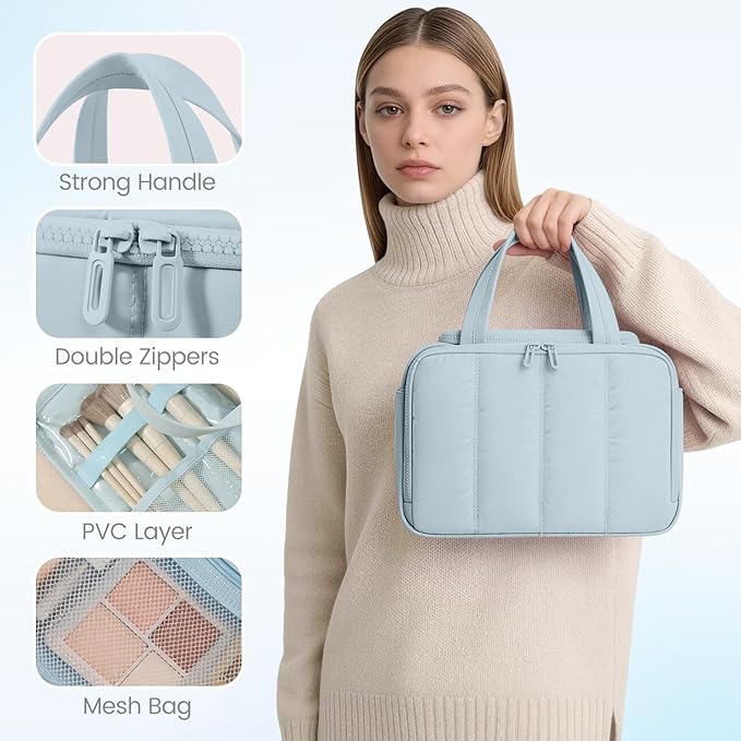Wide Opening Toiletry Bag for Women,Travel Makeup Bag with Mesh Pocket,Cosmetic Travel Organizer with Wet Dry Separation,Toiletries Bag,Blue